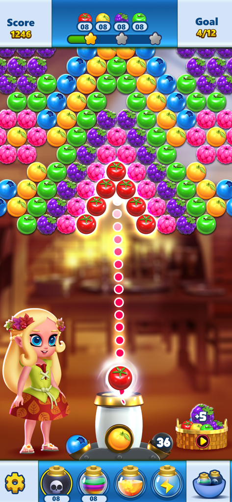 Gameplay screen of Bubble Shooter Princess Pop showing a fruit matching puzzle with a princess character.