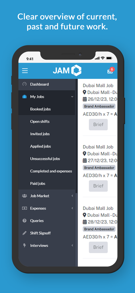 JAM Event Services - Mobile app interface of JAM Event Services showing a side menu with job categories and a list of booked brand ambassador roles in Dubai.