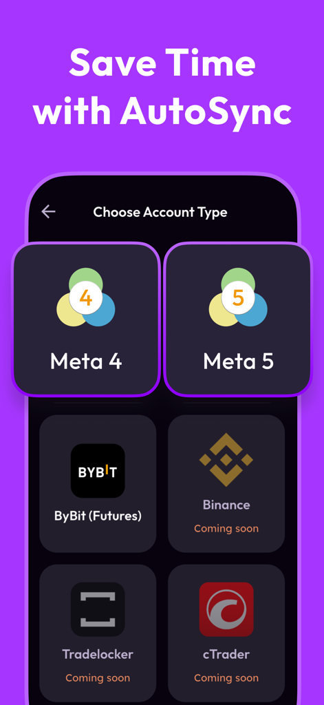 Plancana AI app screen showing trading account integration options including MetaTrader and ByBit for automatic data synchronization.