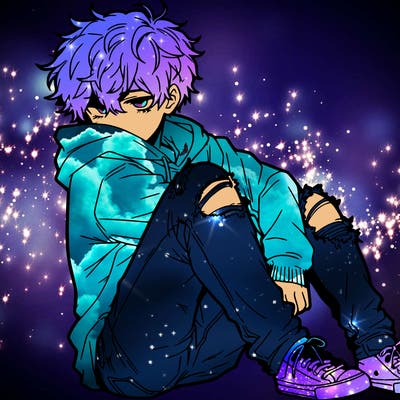 a male hoddie ripped jeans messy hair anime