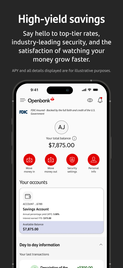 Openbank U.S. mobile app dashboard displaying a high-yield savings account balance and 5.00 percent APY rate.