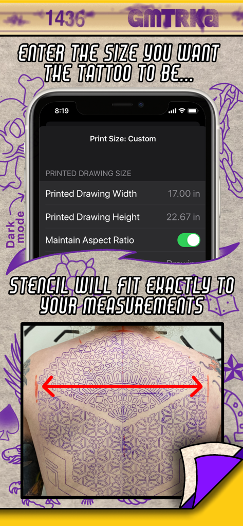 Interfaz de la aplicación Tattoo Print System que muestra ajustes personalizados de altura y anchura para un stencil de tatuaje de espalda grande.