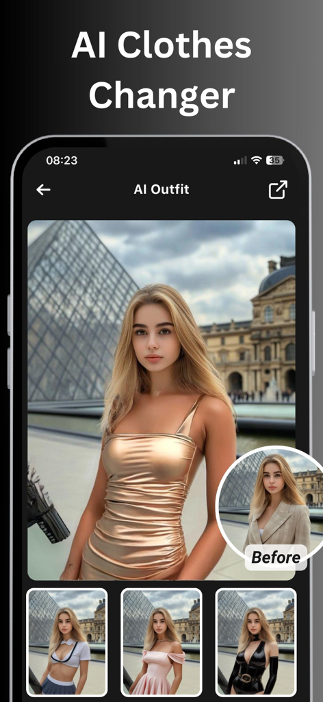 Interface of the AI Style app showing the AI Clothes Changer feature with several virtual outfit options for a user photo.