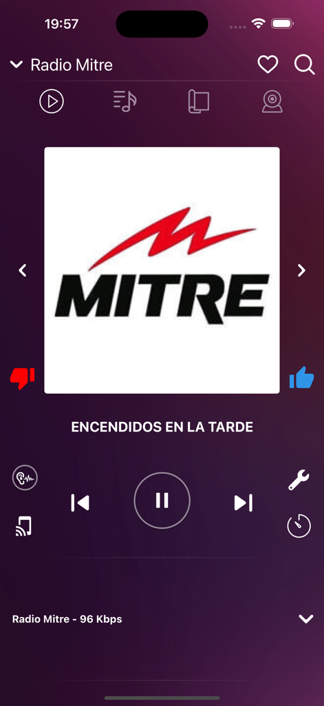 Radio Mitre transmitindo ao vivo na interface do aplicativo MyRadioEnVivo Argentina