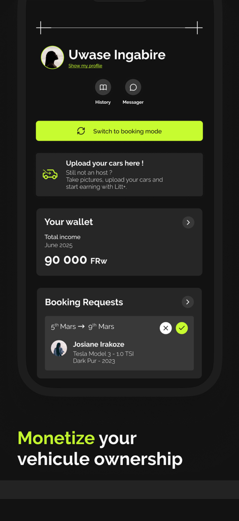 Litt+ - 자동차 렌탈 수입과 예약 요청을 보여주는 Litt plus 앱 호스트 대시보드