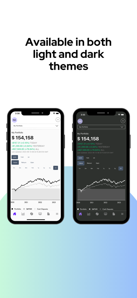 Portseido - Aplicativo rastreador de portfólio Portseido mostrado em temas claro e escuro