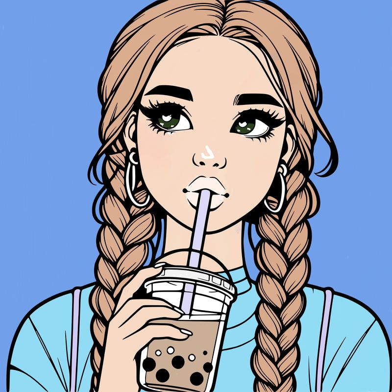 realistic girl with braided hair drinking boba