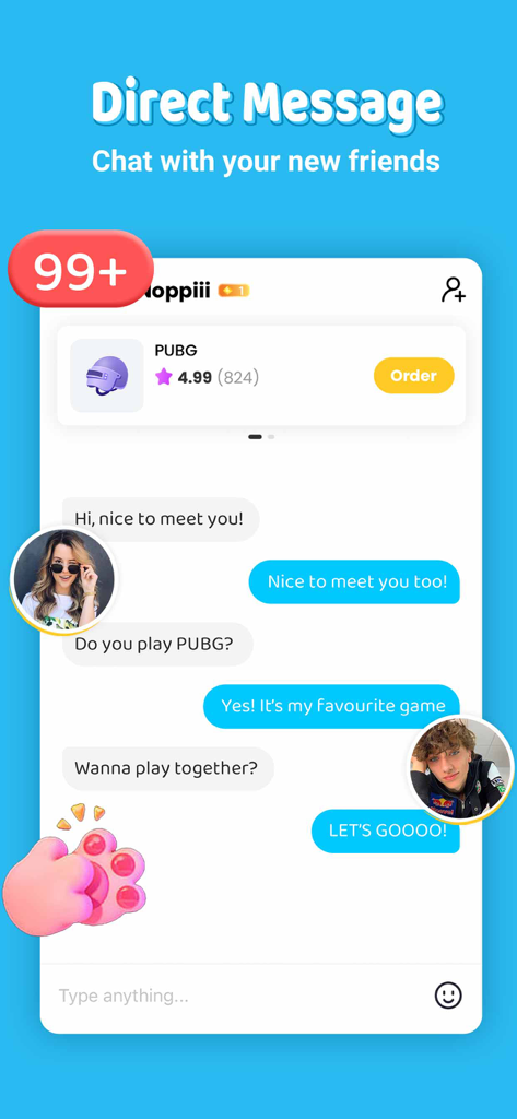 Direct message screen in the Lita app showing a conversation between two gamers planning to play PUBG together