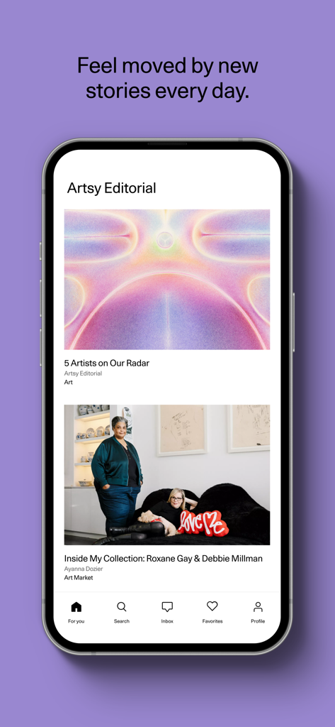 Artsy: Buy & Sell Fine Art - Una pantalla de smartphone mostrando la sección Editorial de Artsy con historias sobre nuevos artistas y colecciones de arte personales.