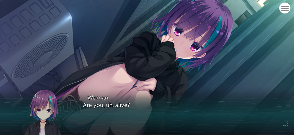 PARQUET - A scene from the PARQUET visual novel showing an anime girl with purple hair looking up and a dialogue box