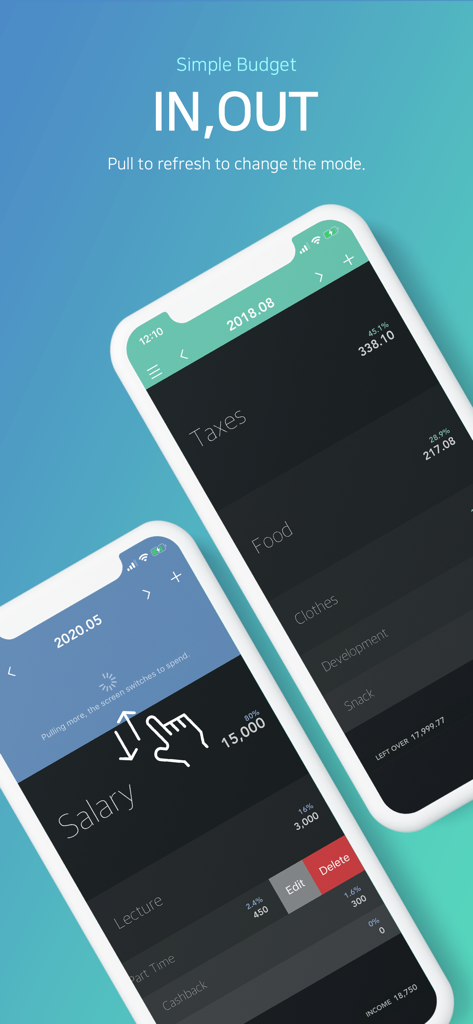 Patterner budget app interface displaying income and expense categories on iPhone screens