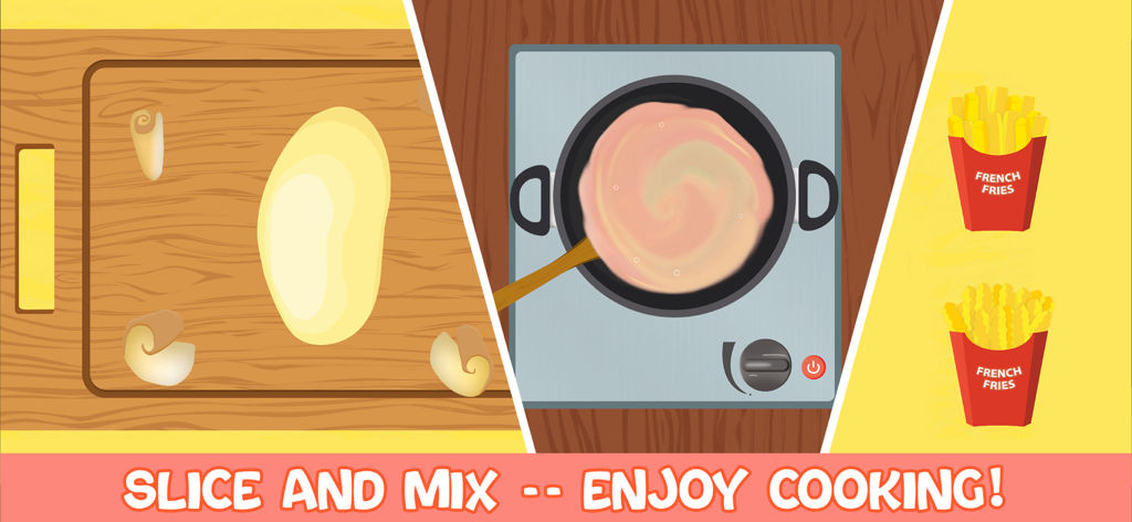 Cooking games for children 2+ - Una pantalla de juego de cocina para niños que muestra el proceso de cortar patatas y remover una olla para hacer patatas fritas.