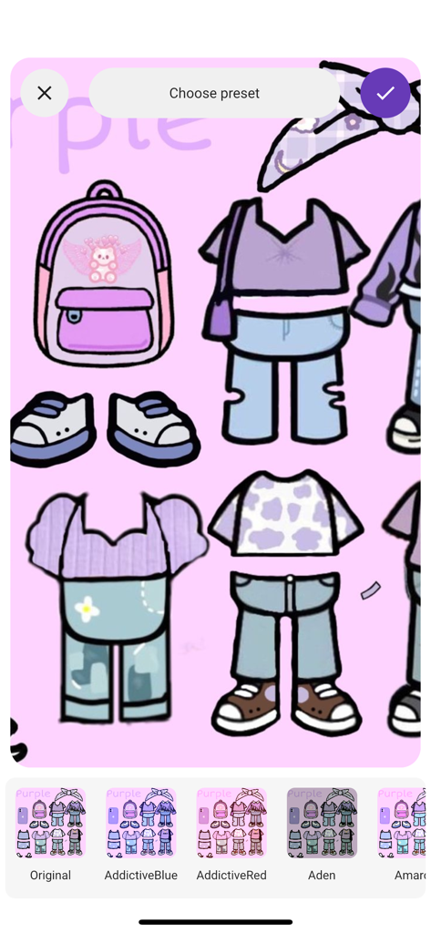 Aesthetic Toka - Outfit Ideas - Interface of Aesthetic Toka app showing purple outfit ideas and filter presets for Toca Boca characters