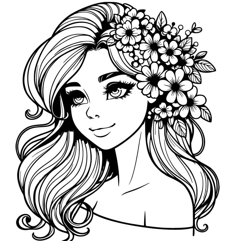 realistic beautiful girl with flowers in her hair