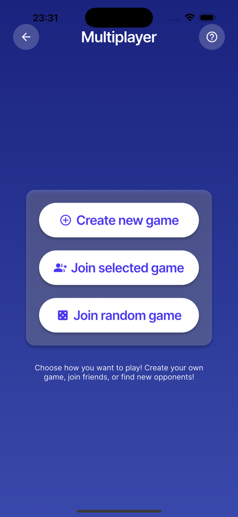Tela multijogador do aplicativo Meme It com opções para criar um novo jogo, ingressar em um jogo selecionado ou ingressar em um jogo aleatório