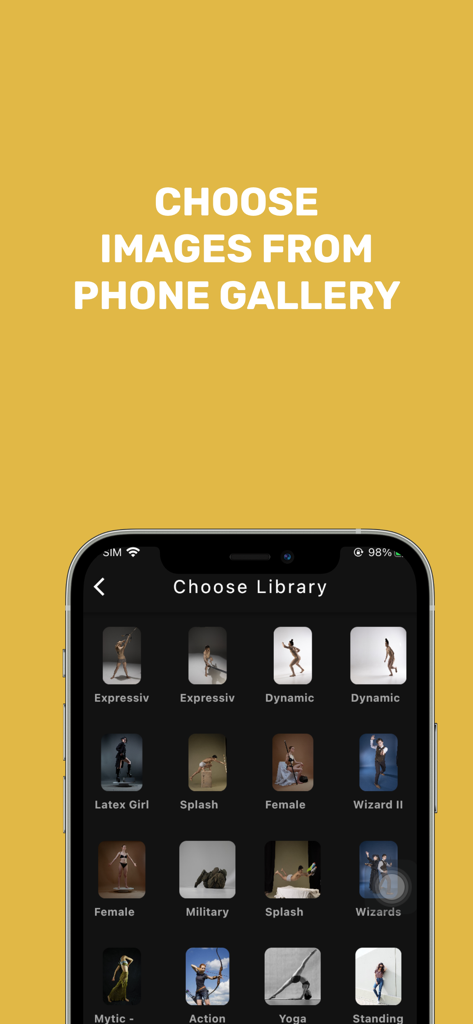 Gesture Drawing App - Pantalla de la app móvil para seleccionar imágenes de referencia de dibujo de gestos de una galería categorizada.