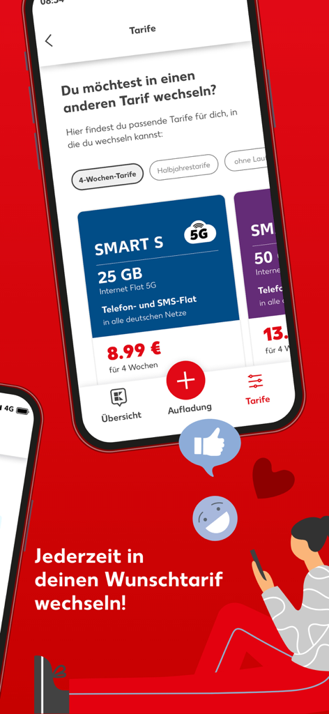 Mobile app screen showing various prepaid tariff options like the Smart S plan with 25GB of data.