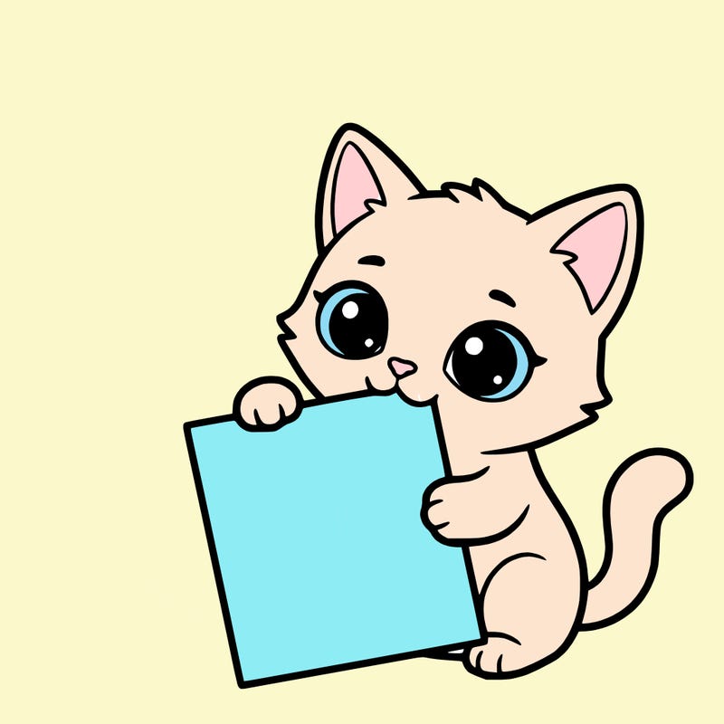 a small cat with a blank sheet of paper in its hand. the cat is sooooooo cute!