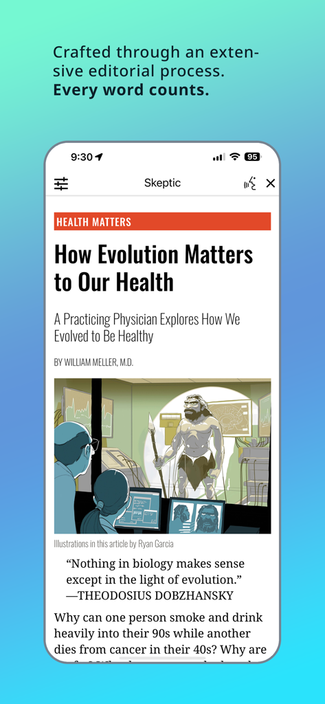 Skeptic Magazine app displaying a science article about evolution with custom illustrations.