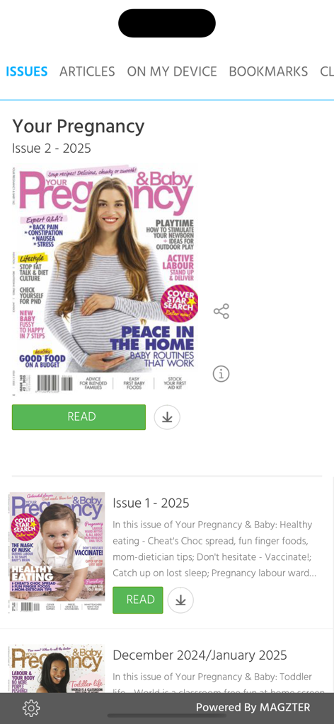Your Pregnancy SA - Lista de números de revistas digitales dentro de la aplicación móvil Tu Embarazo SA.