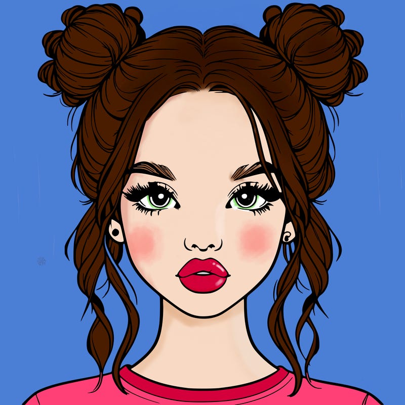 realistic girl with two buns in hair and lips