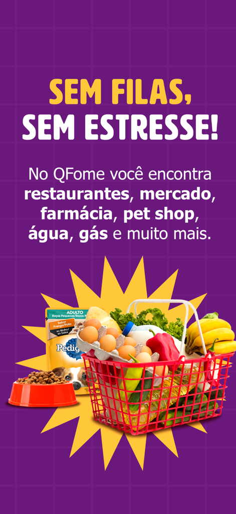 QFome App - Delivery de Comida - Promotional image for QFome app showing a grocery basket and pet food to highlight delivery variety