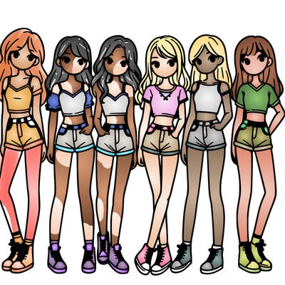 a group of girls wearing crop tops and shorts