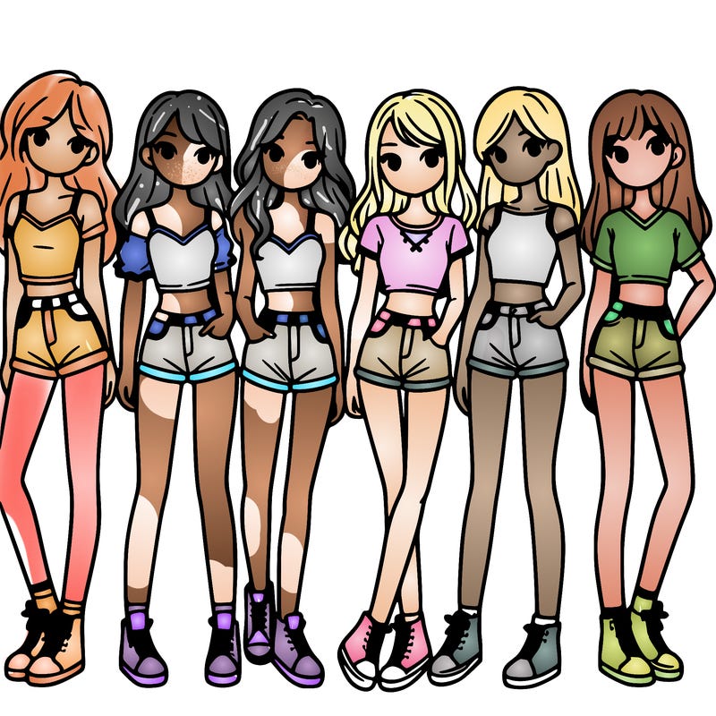 a group of girls wearing crop tops and shorts