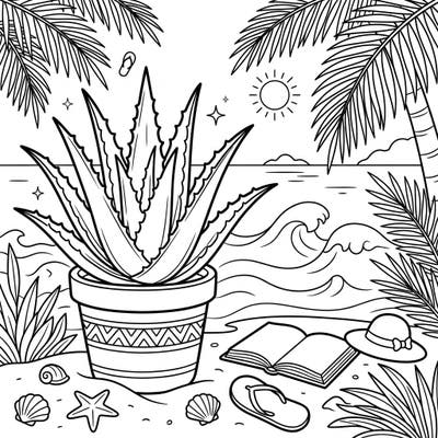 Immerse yourself in a serene summer scene with this delightful coloring page featuring a potted aloe vera plant. Surrounded by beach elements like waves, palm trees, and seashells, it's a perfect blend of nature and vacation vibes.