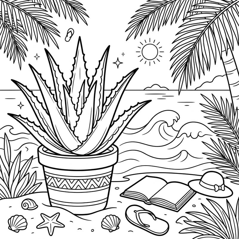 Immerse yourself in a serene summer scene with this delightful coloring page featuring a potted aloe vera plant. Surrounded by beach elements like waves, palm trees, and seashells, it's a perfect blend of nature and vacation vibes.