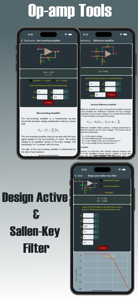 Electrocalc - electronics App - Electrocalc app showing op-amp and active filter design tools with circuit diagrams and graphs