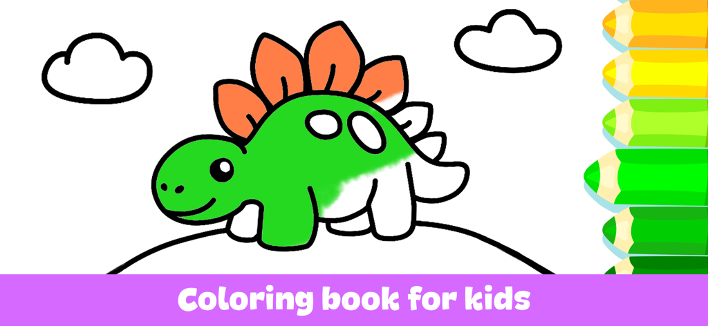 Coloring Games for Kids 3+ - Una página de libro de colorear digital con un dinosaurio verde adorable y herramientas de dibujo coloridas