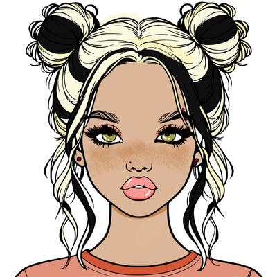 realistic girl with two buns in hair and lips