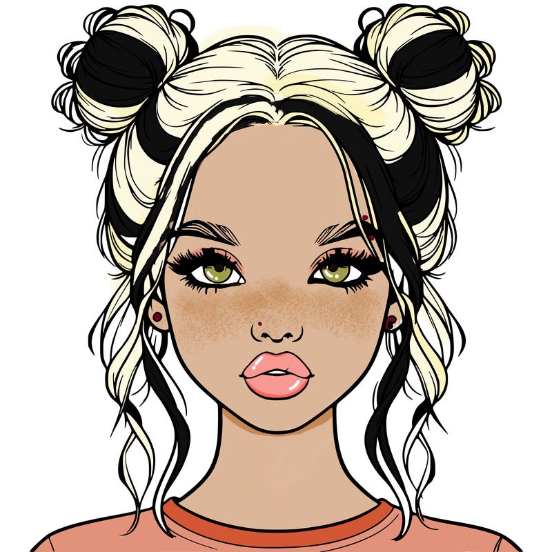 realistic girl with two buns in hair and lips