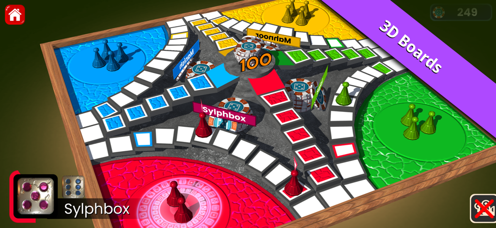 Ultimate Ludo 3D & Dice Board - A colorful 3D Ludo board game interface with four player zones and a digital dice