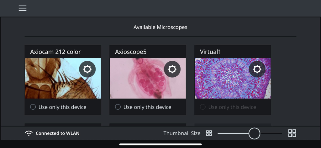 Labscope - Écran de sélection dans l'application Labscope montrant les microscopes ZEISS disponibles et des aperçus d'images d'échantillons