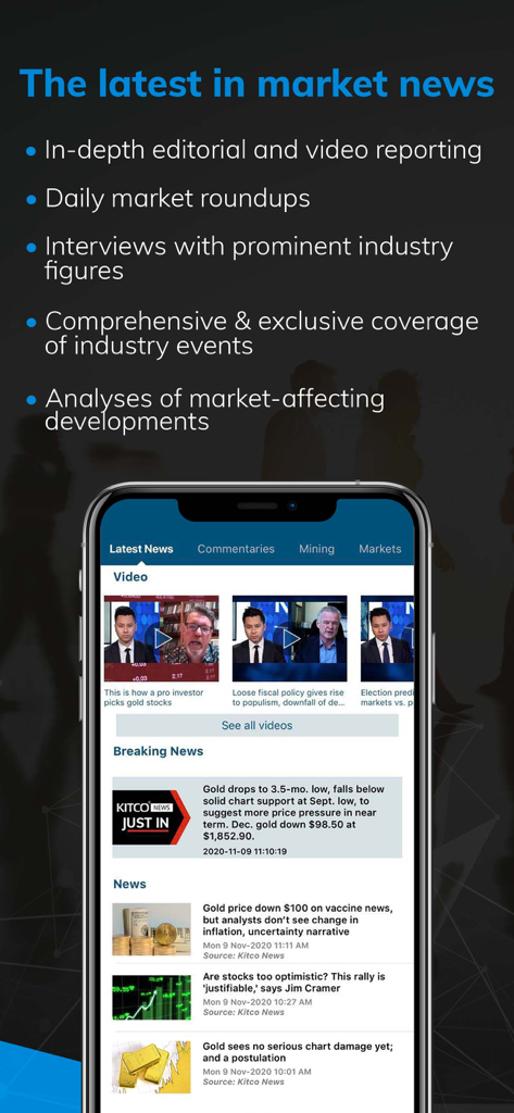 Gold Live app interface showing latest financial market news and video reports