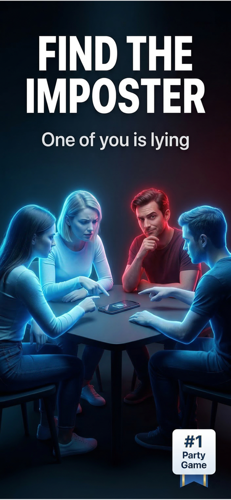 Imposter Game: City Party - Cuatro amigos jugando un juego de fiesta de deducción social alrededor de una mesa con iluminación dramática azul y roja