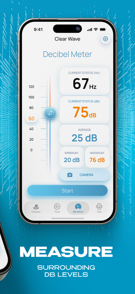 Clear Wave app interface showing the decibel meter for measuring surrounding sound levels on an iPhone