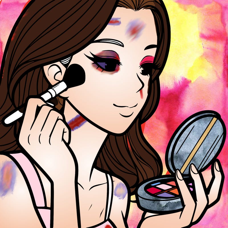 little girl putting on makeup