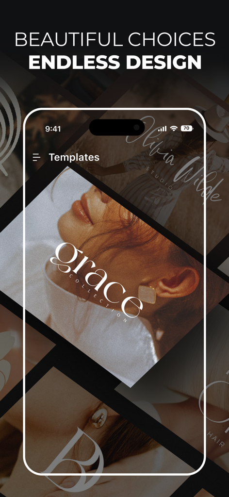 LookA AI app interface showcasing professional logo templates for beauty and lifestyle brands.