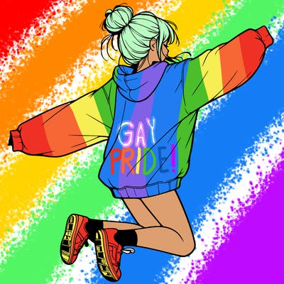 realistic girl jumping with a bun and oversized sweatshirt