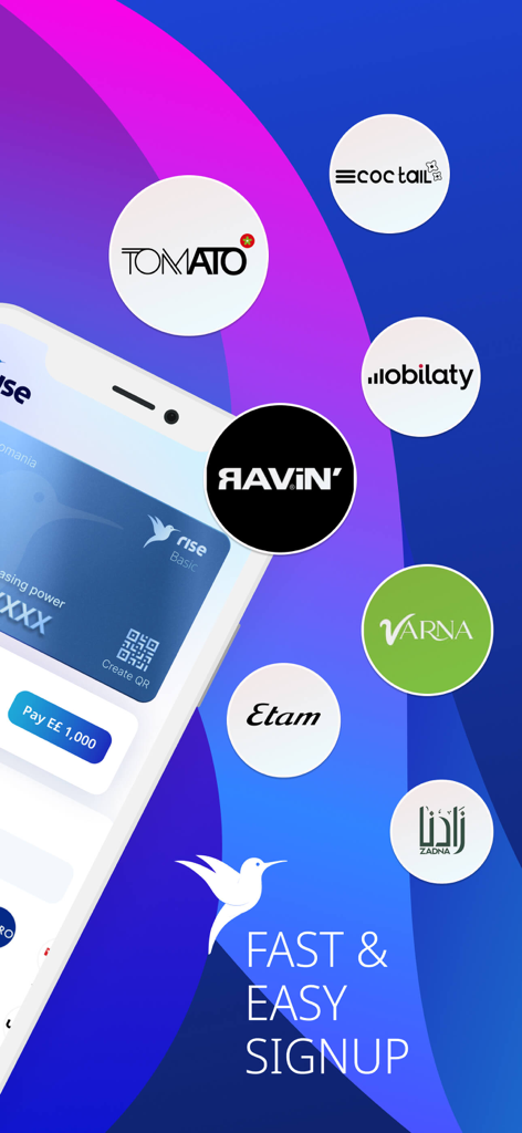 Rise Egypt - Rise Egypt app interface showing a virtual payment card and partner retailer logos with a fast signup message