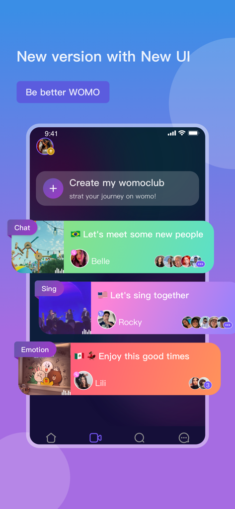 Interface of WOMO app showing various interest-based social clubs and chat rooms