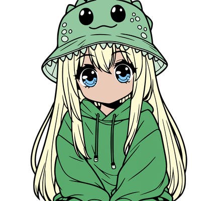 girl with anime shaped eyes with a dinosaur bucket hat oversized sweatshirt long straight hair