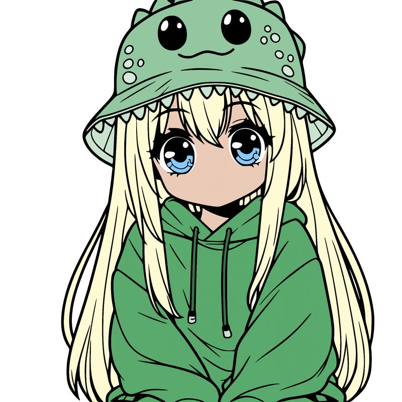 girl with anime shaped eyes with a dinosaur bucket hat oversized sweatshirt long straight hair