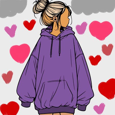 realistic girl with a oversized sweatshirt on and a bun