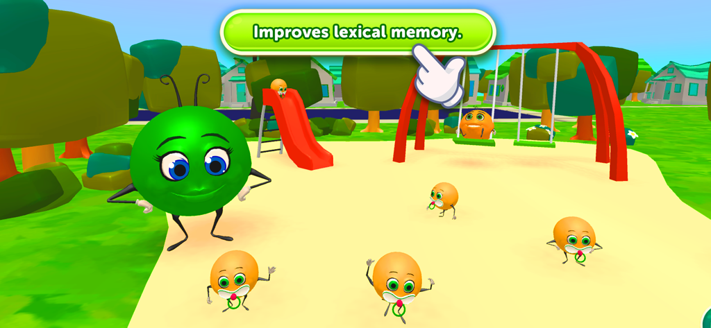 Una colorida escena de patio de recreo de dibujos animados en la aplicación Madam Word con personajes y texto que dice Mejora la memoria léxica.