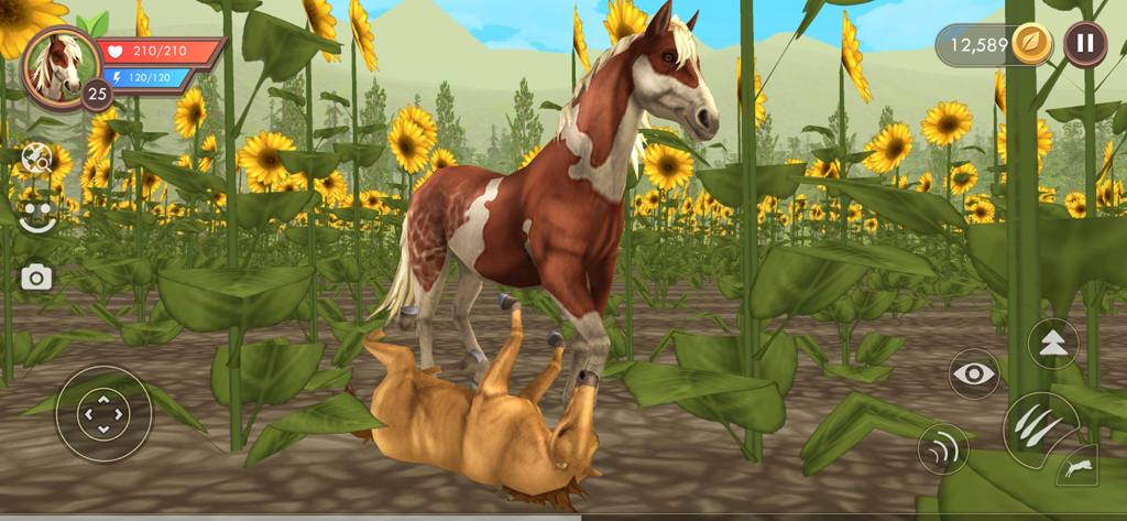 A brown and white horse and its foal in a field of sunflowers within the WildCraft game