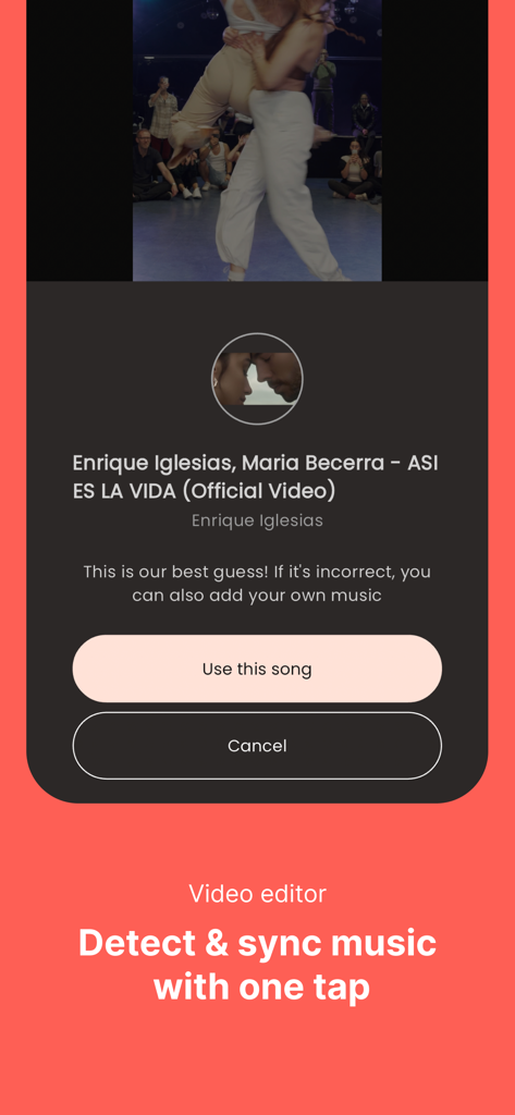 Oberfläche des ABCDancer-Videoeditors, die die automatische Musikerkennung und Synchronisationsfunktion für Tänzer zeigt